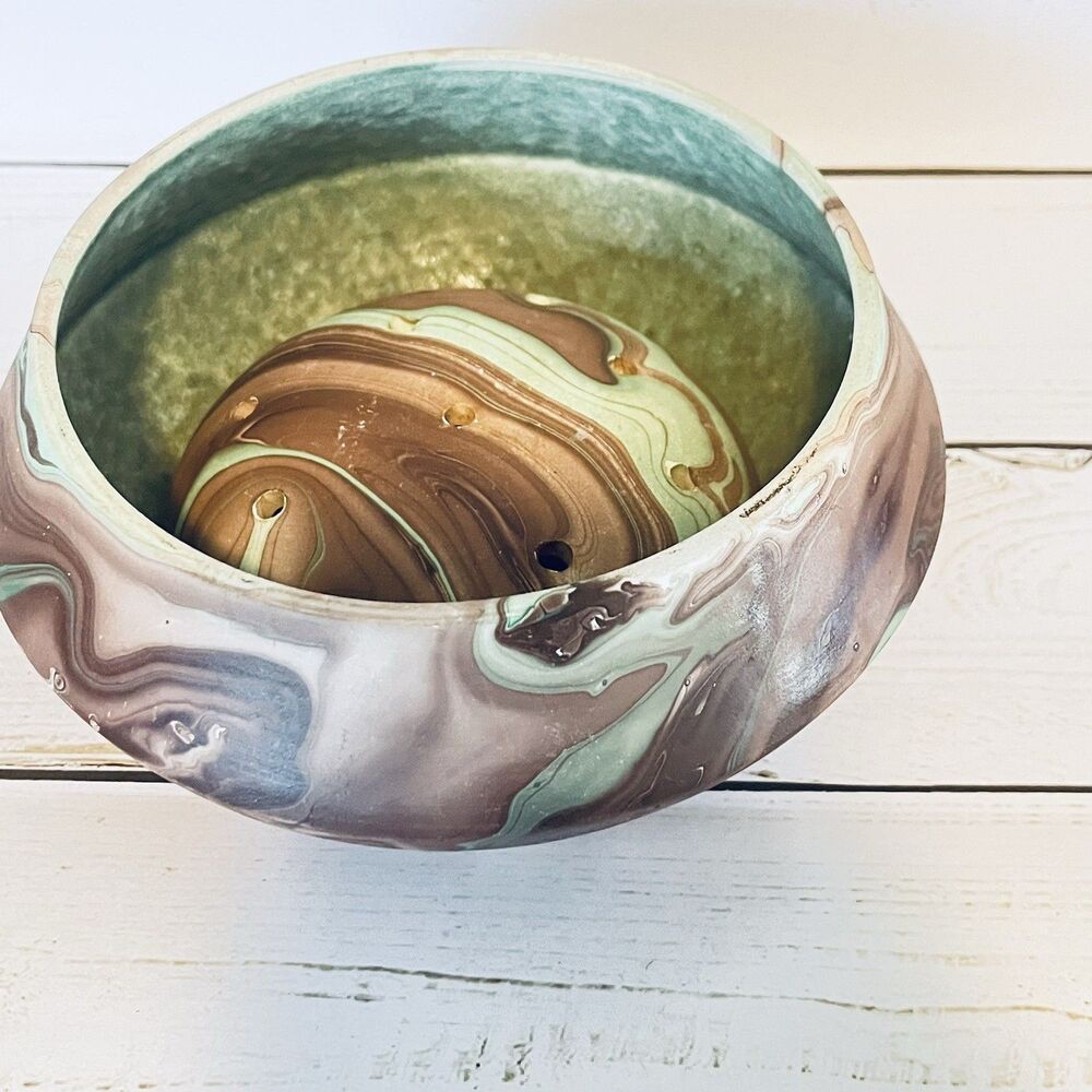 Garden Of The Gods Pottery Bowl & Flower Frog Marbled Browns Greens  5”x2.5”